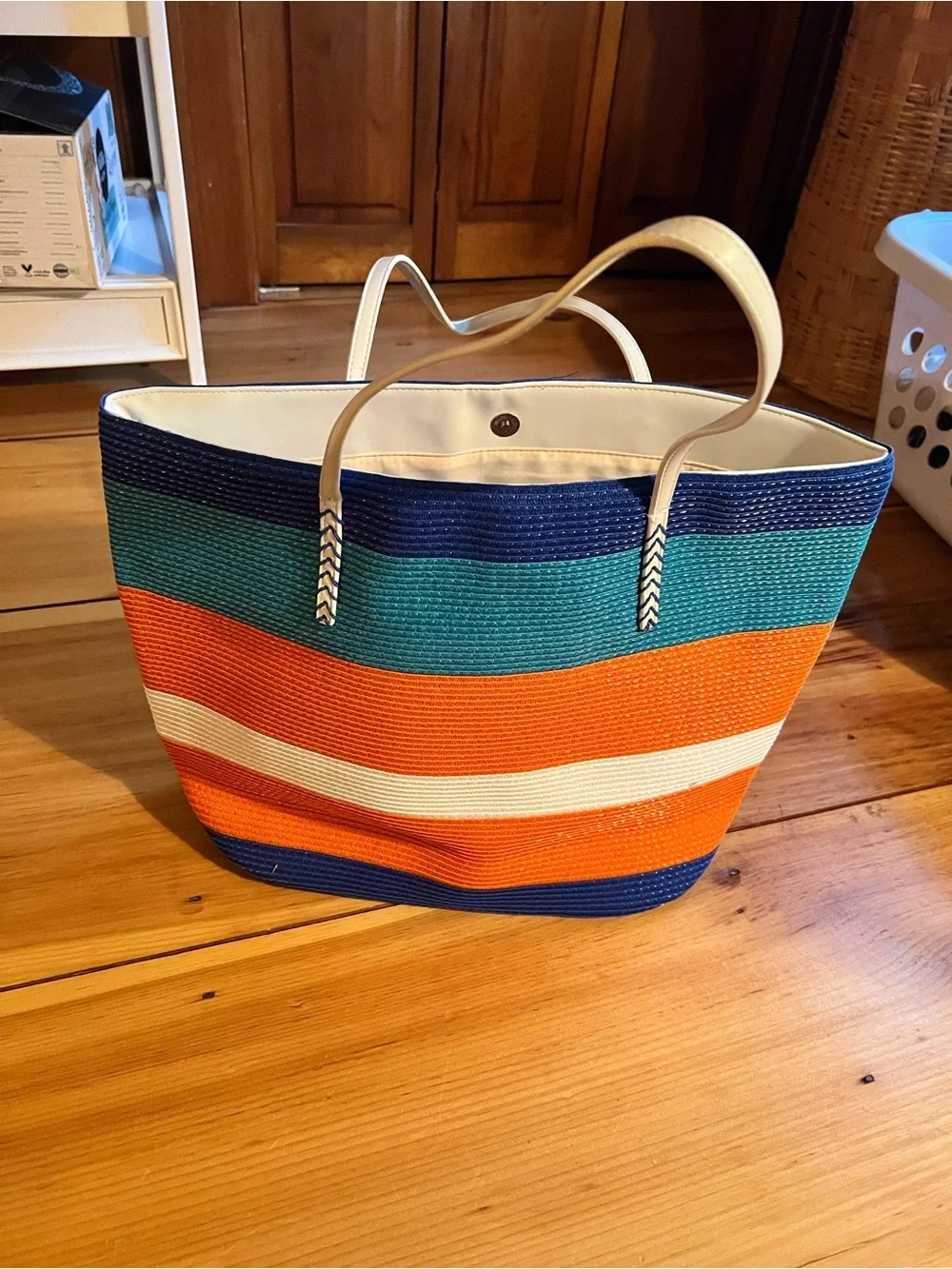 NWT Wovee Striped Multicolor Beach Tote Bag - Orange, Blue, Teal & White